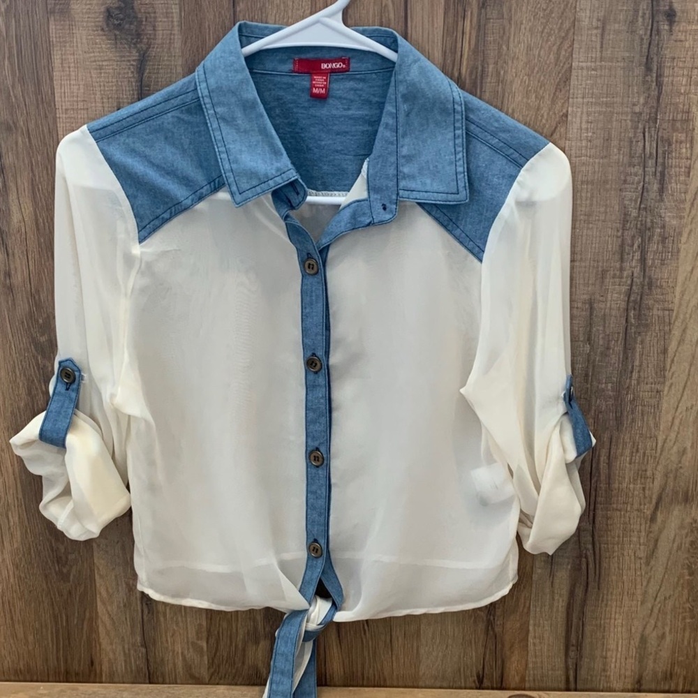 Bongo Tie Knot Front Crop Top Demin Mesh Shirt Junior Women’s Medium / Crop Top